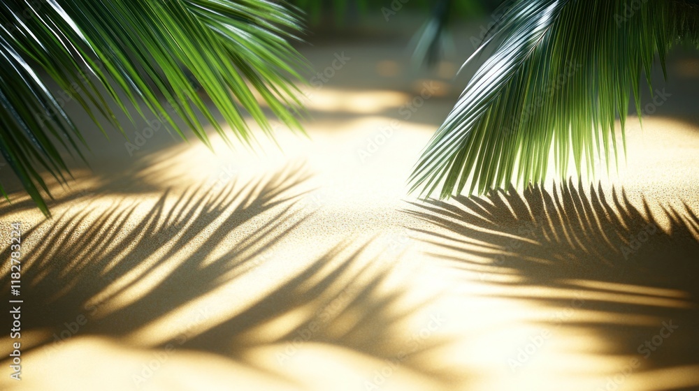 Poster sunlight filtering through palm leaves creates intricate shadows on sandy ground in a tropical setti