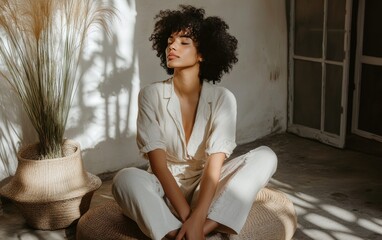 A model wearing sustainable fashion clothing during an eco-conscious photoshoot, with natural fabrics and simple styles. 