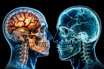 Double Exposure: CT Scan & Skull, Medical Brain MRI, X-Ray Head Examination