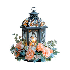 Lantern Centerpiece with Faux Diamonds and Floral Decoration Isolated on Transparent Background