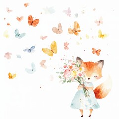 A whimsical illustration of a fox girl holding a bouquet, surrounded by colorful butterflies in a serene, pastel setting.