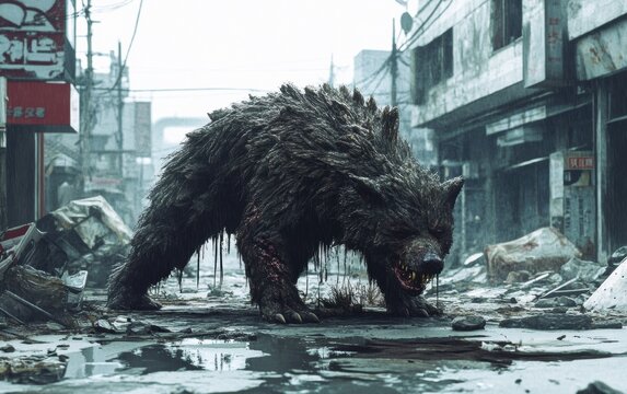A mutated animal scavenging in an abandoned town, a chilling creature of the post-apocalypse.
