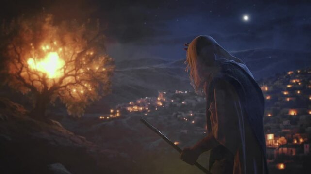 Moses in Reverence Before the Burning Bush in a Dramatic Night Landscape