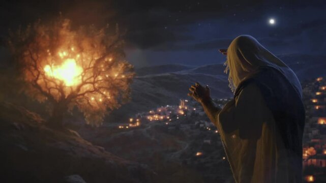Sacred Moment of Moses Facing the Burning Bush in Divine Revelation