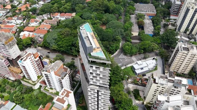 Aerial video above Parque Ibirapuera Sao Paulo on a sunny day