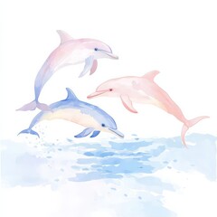 Three playful dolphins leap above shimmering water, captured in a soft watercolor style, evoking a sense of joy and serenity.
