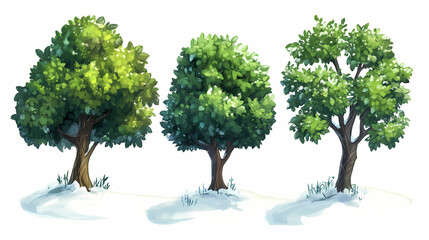Obraz premium Three lush green trees on a white background. Frostglint. Illustration