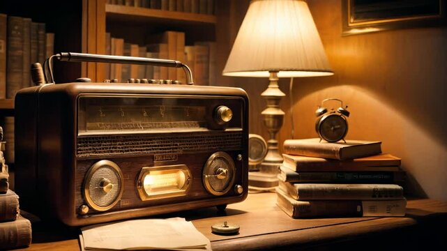 A radio sits on a table next to a lamp and a stack of books. The scene is cozy and inviting, with the radio providing a sense of nostalgia and warmth. The books suggest a love of reading and learning
