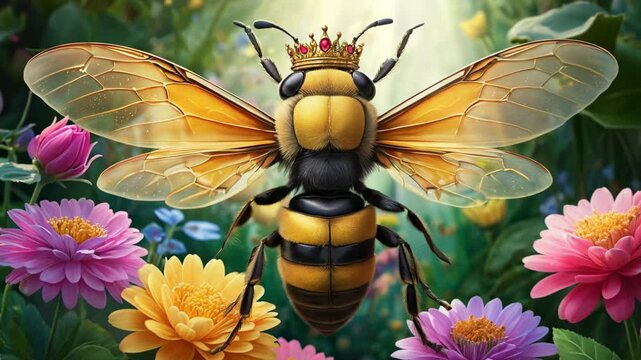 A yellow and black bee with a crown on its head is surrounded by flowers. The image has a whimsical and playful mood, as the bee is depicted as a royal figure