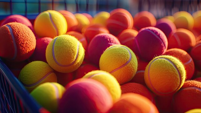A vibrant shot of colorful tennis balls in a basket, showcasing variety and energy.