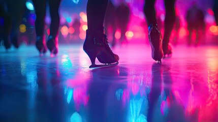 A vibrant scene of a figure skating competition with colorful lights reflecting off the ice surface.