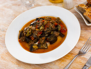 Delicious vegetable stew with minced meat, with gravy, served for dinner