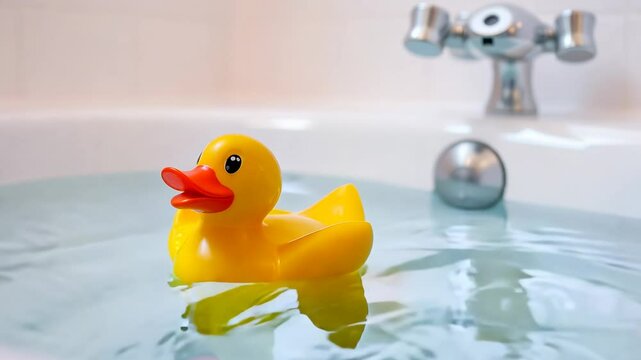 A yellow rubber duck is floating in a bathtub. The duck is in the water and he is enjoying itself