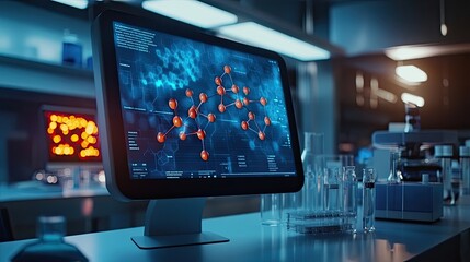 Fototapeta premium A vibrant molecular model displayed on a digital screen in a dimly lit research lab,