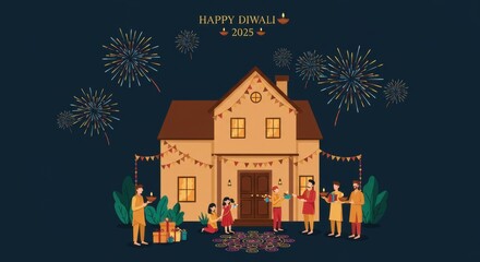 Fototapeta premium Festive diwali celebration 2025: family gathered with fireworks and lights