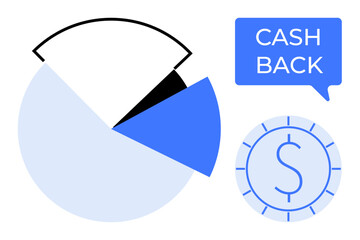 Pie chart with a highlighted blue segment, dollar coin icon and speech bubble with Cash Back text. Ideal for financial management, spending analysis, savings strategies, rewards programs, budget