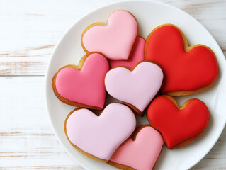 Fototapeta premium Heart-shaped sugar cookies with colorful icing on a white plate for valentine's day celebration