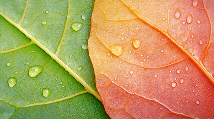 Fototapeta premium Vibrant close up of green and orange leaves with water droplets, showcasing nature beauty and detail