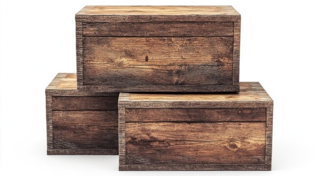 Three rustic wooden crates stacked, white background, storage, shipping
