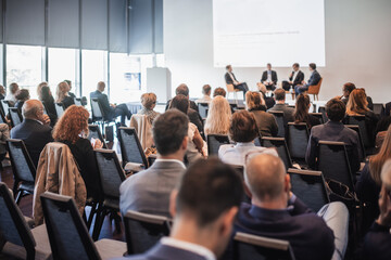 Interview and round table discussion at business convention and presentation. Audience at the...
