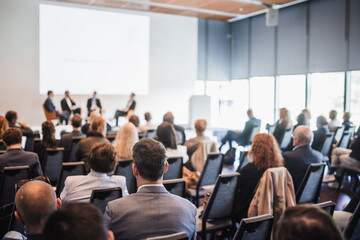 Interview and round table discussion at business convention and presentation. Audience at the...