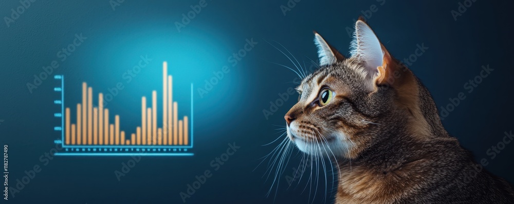 Poster smart cat concept for stock market analysis. a cat observes a colorful bar graph against a blue back