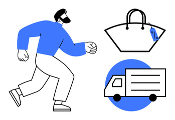 Person running, truck for delivery, shopping bag with tag. Ideal for online shopping, delivery services, logistics, consumer behavior, express shipping retail e-commerce. Abstract line flat
