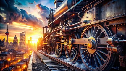 Double Exposure: Train Details & Cityscape - Urban Transportation Stock Photo