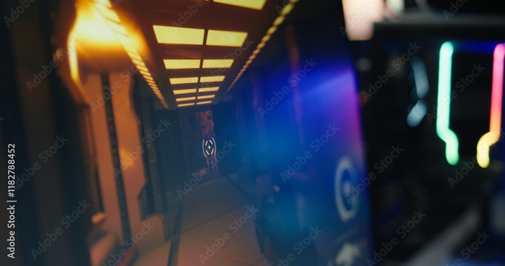 Aufkleber computer screen showing fps videogame with futuristic weapon shooting laser bullets at flying robots