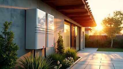 Concept of a home battery packs alternative electric energy storage system at modern home garage wall as backup or sustainable energy concepts.