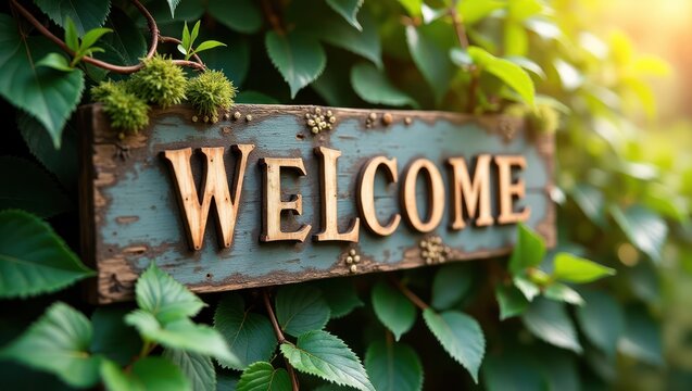 'Welcome' message on a board decorated with white flowers, set against a dreamy, garden backdrop
