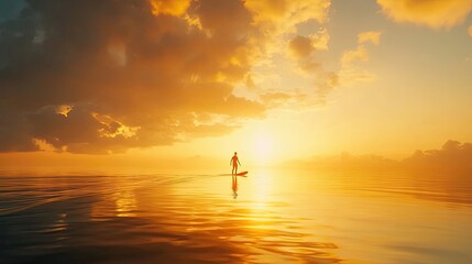 A surfer paddling out on a calm ocean, the reflection of the sun on the water creating a golden hue.