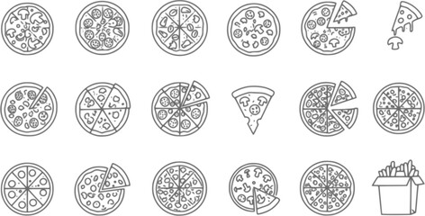 Pizza icon vector set. Pizzeria illustration sign collection. Fast food symbol. Food logo.

