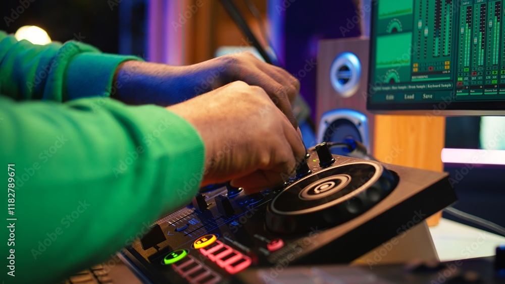 Fototapete audio engineer with headset mixing and mastering his recorded files, operating on a professional sou