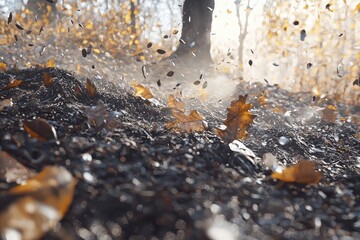 Obraz premium Leaves falling in an autumn forest with sun rays, for seasonal decoration.