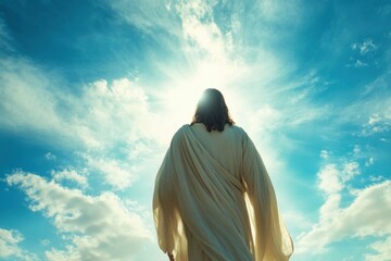  Heavenly ascension scene with Jesus silhouette against radiant sky and sunburst, symbolizing spiritual upliftment