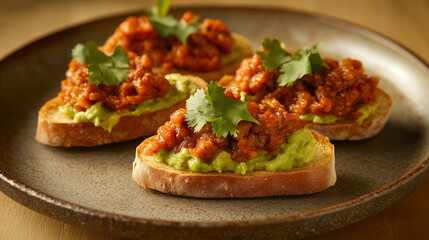 High-Quality Food Photography of Baguette with Saucisson and Avocado Spread, Rustic Plate