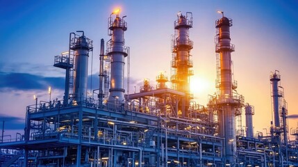 Industrial refinery silhouettes on a gradient blue-to-orange background