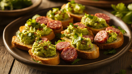 High-Quality Food Photography of Baguette with Saucisson and Avocado Spread, Rustic Plate