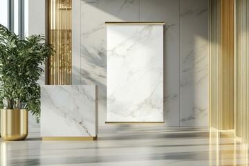  Elegant marble pull-up banner mockup in luxurious interior with gold accents and greenery for advertising design.