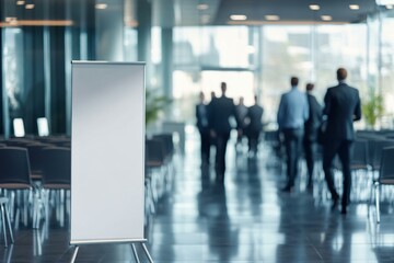  Mockup of blank pull-up banner in corporate lobby with business professionals in background, ideal for advertising.