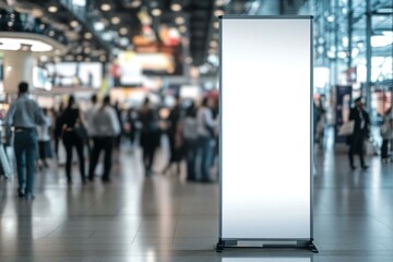  Pull-up banner mockup in busy shopping mall with blurred crowd, ideal for advertising and promotional design
