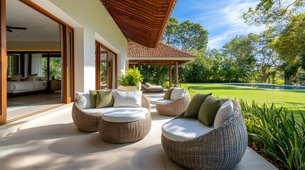 Countryside villa with garden view, spacious outdoor area, clean ad template space for text, serene and exclusive, ideal for rentals