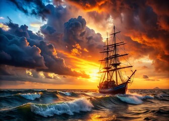 Dramatic Sunset Storm Clouds over Sailing Ship at Sea - Stock Photo