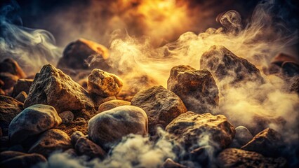 Dramatic Vintage Photo: White Smoke Rising from Dark Rocks