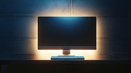 A slim computer monitor displayed on a polished metal desk, illuminated by side lighting.