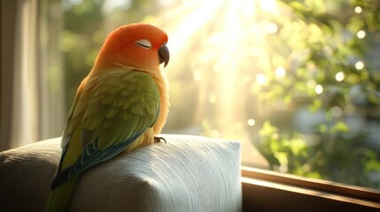 Bright sunlight streams through a window as a parrot relaxes on a cushion in a cozy room. Generative AI