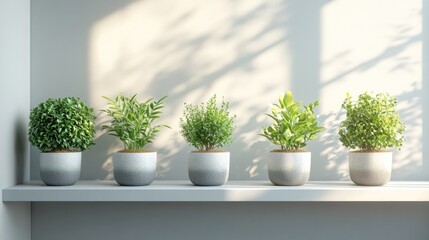 Fototapeta premium Interior display of potted greenery on a shelf with sunlight illuminating the plants in a modern setting. Generative AI