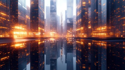 Obraz premium Modern city skyline at twilight with illuminated buildings reflecting on water. Generative AI