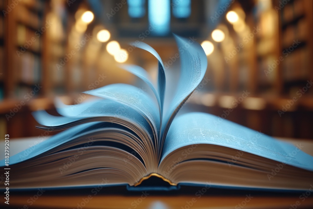 Poster open book with pages turning in a serene library setting illuminated by soft lights. generative ai